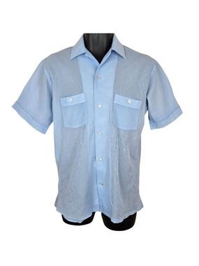 Vintage 70s Kingsport Mens Small Blue Short Sleeve Button-Up Shirt Polyester